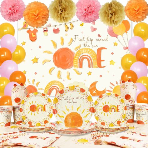 PRICES MAY VARY. FIRST TRIP AROUND THE SUN DECORATIONS：The boho sun 1st birthday party supplies and various watercolour elements together make up this set of decorations, with balloons and paper flower balls in the same colour scheme, perfect for a baby's 1st birthday theme party atmosphere. WHAT'S IN THE PACKAGE: 1pcs "First Trip Around The Sun" backdrop, 20pcs dinner plates, 20pcs desset plates, 20pcs napkins, 20pcs cups, 1pcs tablecloth(43*73 inch), 3 diffeent design total 18pcs balloons, 3 d Sun Themed Birthday Party, Sun Decorations, Sun 1st Birthday Party, Sunshine First Birthday, Paper Flower Ball, Sunshine Party, Sun Birthday, First Trip Around The Sun, 1st Birthday Party Themes