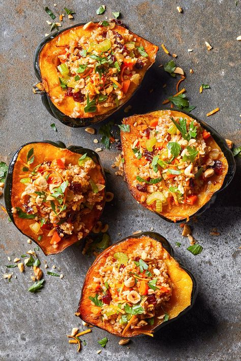 Bulgur-Stuffed Acorn Squash Thanksgiving Squash Recipes, Thanksgiving Squash, Vegetarian Thanksgiving Main Dish, Thanksgiving Main Dish, Roasted Vegetable Lasagna, Thanksgiving Mains, Vegetarian Thanksgiving Recipes, Acorn Squash Recipes, Christmas Dinner Menu