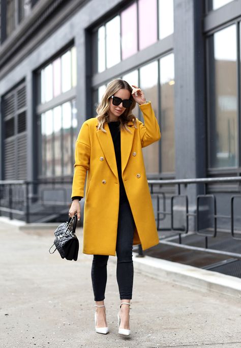 February 8, 2018 A Bit Of Sunshine - Coat: H&M | Denim: Topshop | Cashmere sweater: Rag & Bone Heels: Aquazzura | Bag: Chanel “Trendy CC” | Sunglasses: Celine Yellow Pumps Outfit, Yellow Coat Outfit, Spring Coat Outfit, Coat Outfit Ideas, Mustard Coat, Yellow Trench Coat, Outfit Yellow, Winter Coat Outfits, Fall Fashion Coats