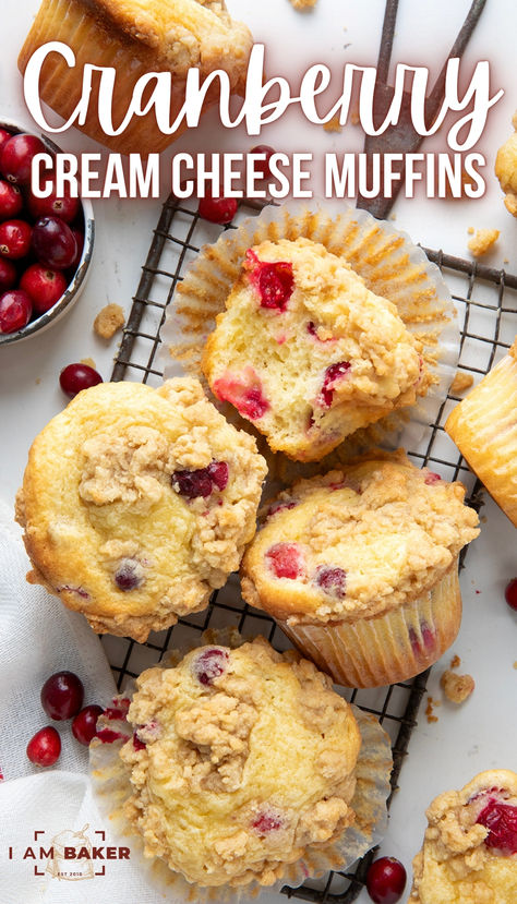 on a white countertop there is a small dish of cranberries and a wire rack of muffins. Cream Cheese Cranberry Muffins, Cranberry Cream Cheese Bread, Cream Cheese Cranberry Bread, Raspberry Cream Cheese Muffins, Easy Desserts To Impress, Cottage Cheese Muffins, Muffins With Cream Cheese, Easy Impressive Dessert, Desserts To Impress