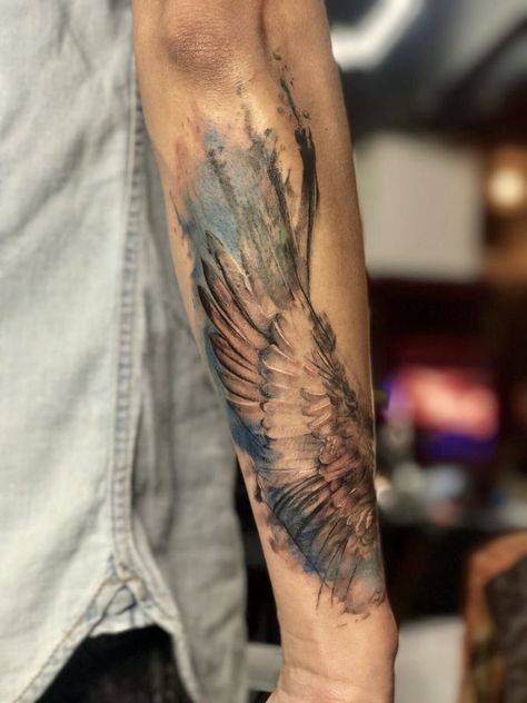 Tattered Wings Tattoo, Forearm Wing Tattoo Women, Half Wing Tattoo, Phoenix Wing Tattoo, Phoenix Wings Tattoo, Forearm Wing Tattoo, Wings Tattoo Ideas, Tato Nama, Wings Tattoo Design