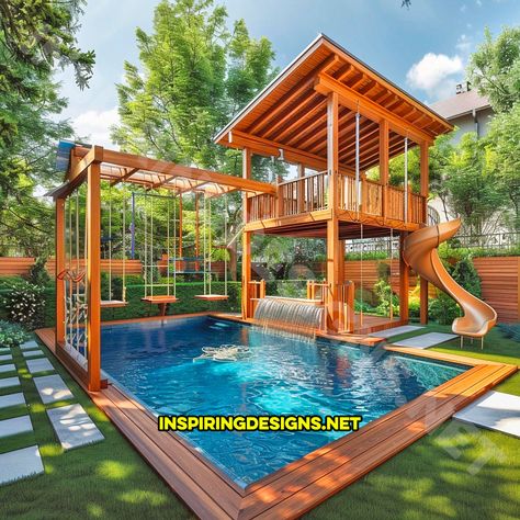 These Backyard Pool Playgrounds Bring the Water Park Right to Your Home Outdoor Pool With Slide, Dream Backyard Playground, Aerial Backyard Design, Kid Pool Ideas Backyards, 1 Acre Backyard Ideas With Pool, At Home Water Park, Pool With Water Slide, Creative Pool Ideas, Backyard With Pool And Playground