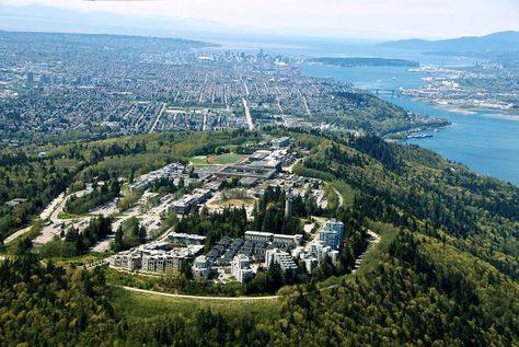 An aerial view of the SFU Burnaby campus. All those residences at the bottom of the photo weren't there back in 1992! West Coast Canada, University Of Akron, Simon Fraser University, Modernist Architecture, School Campus, O Canada, The Great White, Architectural Photography, Acropolis