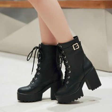 Heeled Combat Boots, Cheap Ankle Boots, Black Platform Heels, Trending Boots, Chunky High Heels, Shoes Collection, Platform High Heels, Platform Ankle Boots, Martin Boots