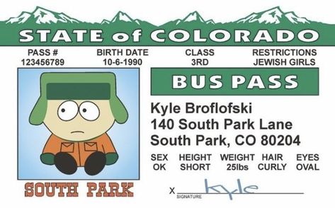 Tortoise Food, Trading Card Binder, Kyle Broflovski, Bus Pass, Bus Card, South Park Funny, State Of Colorado, South Park Fanart, Collectible Trading Cards