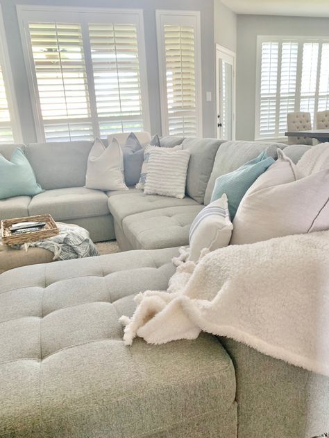 Beach House Living Room Gray Couch, Beach House Grey Couch, Cottage Sectional Couch, Coastal Couch, Large Sectional Sofa Farmhouse, Coastal Farmhouse Throw Pillows, Radley Sectional Family Rooms Farmhouse, Costal Farmhouse, Farmhouse Sectional Sofa Microfiber