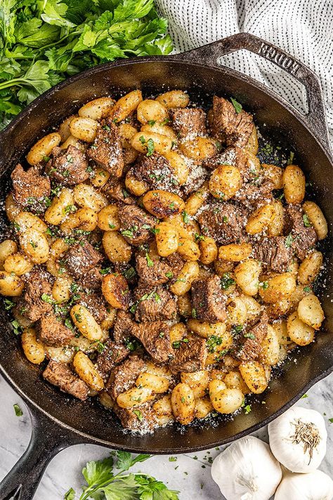 Gnocchi And Steak Recipe, Meals With Gnocchi Dinners, Garlic Butter Steak Bites And Gnocchi, Gnocchi Steak Recipes, Gnocchi Recipes Steak, Dishes With Gnocchi, Blackstone Gnocchi, Soups With Steak, Quick And Easy Gnocchi Recipes