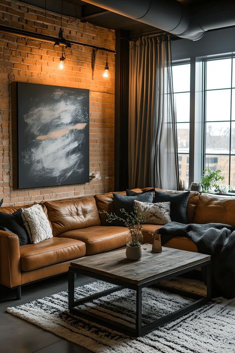 A stylish industrial loft featuring exposed brick walls and black metal accents. The loft contains a deep brown leather sectional sofa, a reclaimed wood coffee table with metal legs, and large factory-style windows with sheer curtains. The decor is enhanced with Edison bulb lighting and a large abstract painting.