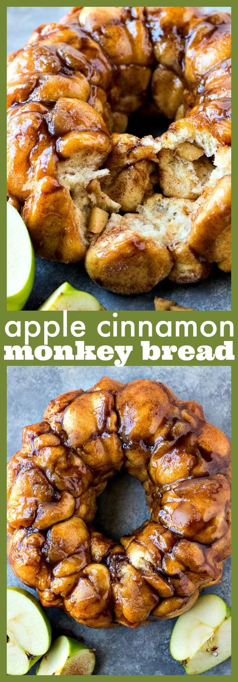 Apple Cinnamon Monkey Bread – Fluffy balls of dough are stuffed with cinnamon apples, layered together in a Bundt pan, and then baked with a brown sugar goo to make a sticky, chewy loaf of monkey bread. #recipe #apple #cinnamon #monkeybread #applepie #dessert #brunch #bread #dough #breakfast Apple Cinnamon Monkey Bread, Cinnamon Monkey Bread, Dessert Apple, Monkey Bread Recipe, Brunch Bread, Cooked Apples, Apple Apple, Monkey Bread, Bundt Pan