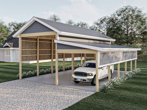 050G-0220: RV Carport Plan with Additional Parking Port Rv Covered Parking Carport Designs, Camper Port, Rv Shelter Ideas, Bunkhouse Ideas, Rv Port, Rv Deck, Rv Shelter, Rv Carports, Rv Covers