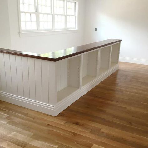 Second floor railing on ✔  . Shelves ready to go in bookcase ✔  . Railings Inside House, Upstairs Banister Ideas, Bookcase Stair Railing, Landing Railing Ideas, Banister Bookcase, Bookcase Banister, Landing Railing, Upstairs Railing, Second Floor Kitchen