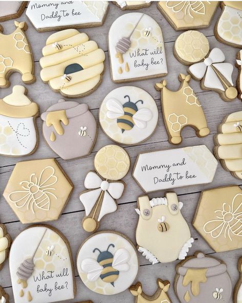 Mommy To Bee Cookies, Honey Themed Nursery, A Little Honey Is On The Way Baby Shower Theme, Little Honey Baby Shower Theme, What Will It Bee Gender Reveal Cake, Bee Theme Cookies, Bee Baby Shower Cupcakes, Bee Theme Baby Shower Ideas, Honey Bee Baby Shower Cake