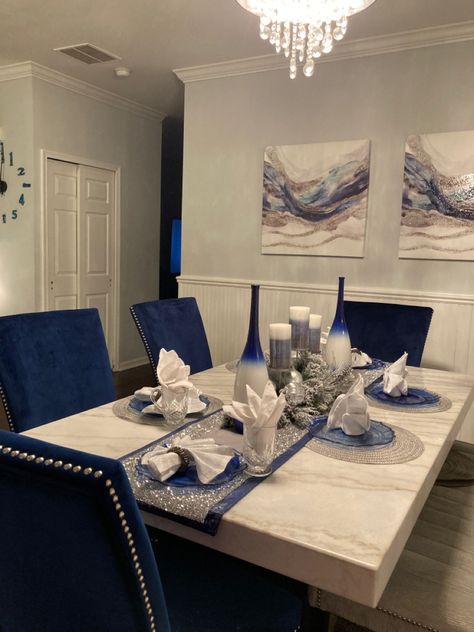 Royal Blue Dining Room Decor, Blue And Silver Kitchen Decor, Blue White Silver Living Room Decor, Blue And Gray Kitchen Decor Ideas, Royal Blue Kitchen Decor Ideas, Royal Blue House Decor, Blue Kitchen Ideas Decor, Royal Blue Living Room Decor, Silver Kitchen Decor