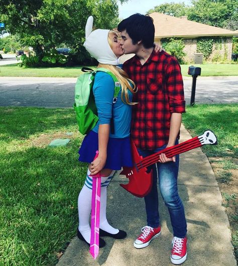 Finn And Bubblegum Costume, Finn And Marceline Costume, Jake And Lady Rainicorn Costume, Marshall Lee And Fionna, Adventure Time Couple, Finn And Flame Princess Costume, Fiona And Marshall Lee, Jake The Dog Costume, Finn And Jake Costume