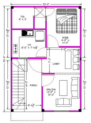 Architectural House Plans: Ground Floor Plan 20'-0" x 30'-0" | Covered Area 600 sqft | 64.44 sqyds | Porch Left Side 20×30 House Plan, Blueprint Construction, One Floor House Plans, 10 Marla House Plan, Cape Cod House Plans, Carriage House Plans, Bungalow Floor Plans, House Plans 3 Bedroom, Vintage House Plans