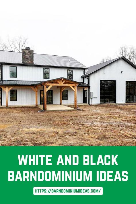 This 80×40 black and white Oklahoma Barndominium is half shop and half home. Though this build isn't for everyone, it is perfect for the Oaks family. White And Black Barndominium, White And Black House Exterior, White Barndominium, Black Barndominium Ideas, Black Barndominium, Metal Building House Plans, Steel Building Homes, Barn Homes Floor Plans, Black Roof