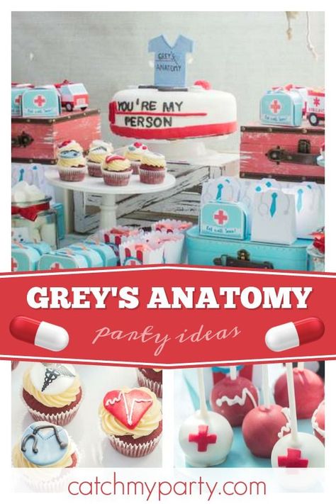 Check out this cool Grey's Anatomy themed birthday party! The cupcakes are awesome! https://buff.ly/2qJc0cW #catchmyparty #partyideas #girlbirthdayparty #greysanatomyparty Greys Anatomy Party Food, Greys Anatomy Birthday Cake, Greys Anatomy Party Ideas, Greys Anatomy Birthday Party Ideas, Party Food For Adults, Medical Party, Doctor Party, Doctor Birthday, Np School