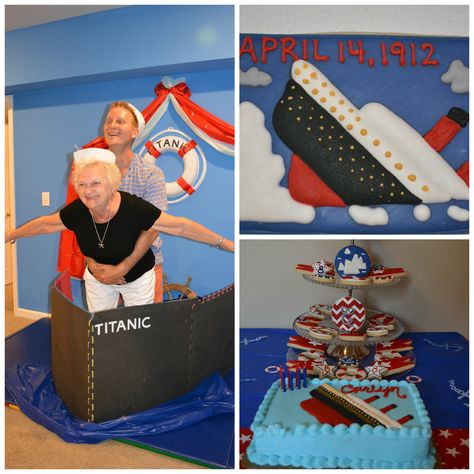 Titanic Birthday Party...Fun times! Birthday On A Cruise, Titanic Birthday Party, Titanic Wedding, Titanic Cake, Titanic Birthday, Titanic Party, Cruise Ship Party, Ship Ideas, Cruise Party