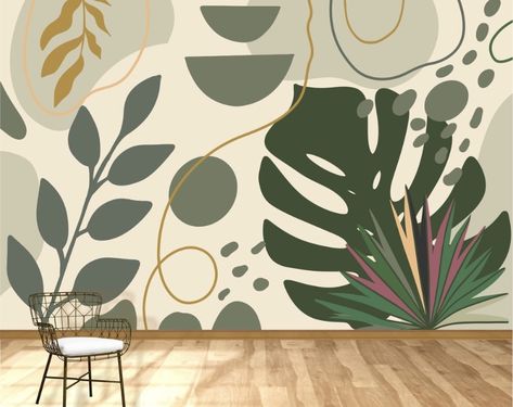 Simple Green Wall Mural, Plant Mural, Bathroom Mural, Wall Murals Diy, Interior Murals, Living Room Murals, Creative Wall Painting, Drawing Room Decor, Room Wall Painting