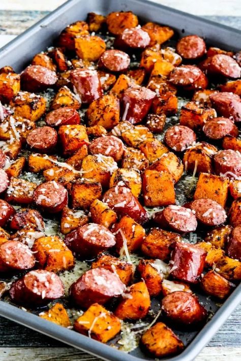 Roasted Butternut Squash and Sausage Sheet Pan Meal – Kalyn's Kitchen Butternut Squash Dinner, Dinner Butternut Squash, Butternut Squash And Sausage, Butternut Squash Recipes Roasted, Butternut Squash Cubes, Kielbasa Recipes, Butternut Squash Pasta, Easy Sheet Pan Dinners, Sheet Pan Suppers