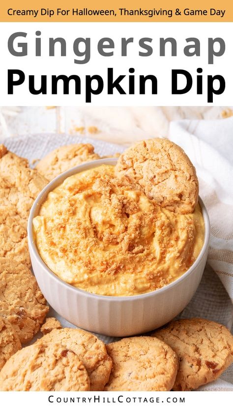 Pumpkin dip with ginger snaps is a quick fall dessert! Made with 5 ingredients and 10 minutes prep time, this creamy, fluffy sweet dip tastes like pumpkin pie. And while it's light on effort, it doesn't skimp on flavor and texture. Full of delicious pumpkin and cozy spices, it's a great treat for fall parties, potlucks, Halloween, Thanksgiving and game day! Serve with ginger cookies, graham cracker and apples. Make variations with brown sugar, maple syrup and yogurt. | CountryHillCottage.com Pumpkin Dip For Ginger Snap Cookies, Ginger Snaps Recipe Desserts, Recipes With Ginger Snaps, Ginger Snap Dip, Dip For Ginger Snap Cookies, Pumpkin Dip With Ginger Snaps, Dip For Ginger Snaps, Pumpkin Spice Dip, Sweet Pumpkin Dip