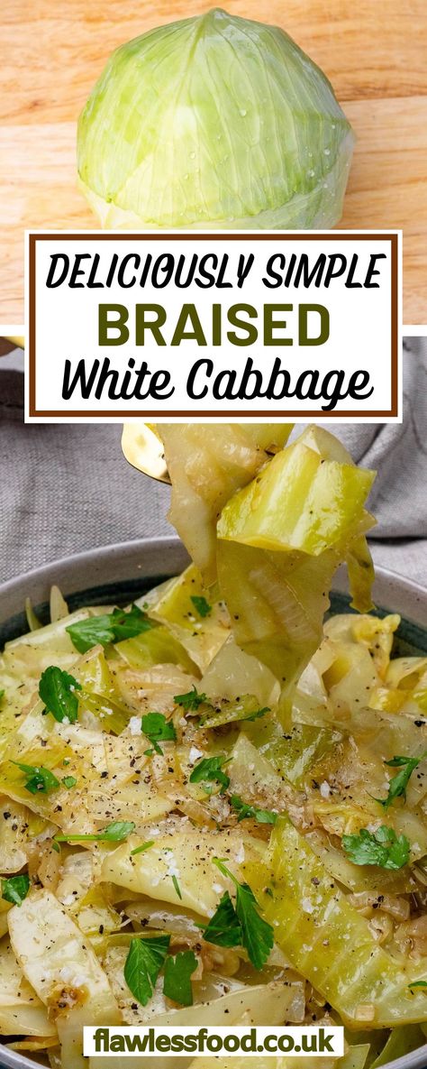 This Braised Cabbage Recipe is perfect. Fried cabbage with onions and garlic, then braised in vegetable stock until soft and tender. This vegetable side dish is great served with roast dinners, it has a lovely sweetness and good flavour punch that the whole family will enjoy. Whether you're serving roast lamb, roast beef or gammon, this cabbage will complement the flavours perfectly. Broiled Cabbage, Red And White Cabbage Recipes, Braised Onions, Beef Cabbage, Roast Cabbage, White Cabbage Recipes, Braised Cabbage Recipes, Cabbage Tomato Recipe, Braised Cabbage With Bacon