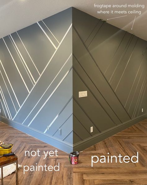 DIY Asymmetrical Accent Wall Corner Wall Paneling Design, Accent Corner Wall, Batton Walls, Vertical Slats Wall, Wall Molding Design, Molding Design, Wooden Accent Wall, Walls Ideas, Herringbone Wall