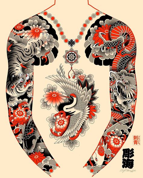 彫海 • HORIKAI • CAIO PIÑEIRO trên Instagram: “#tiger #tora #dragon #ryu #carp #koi #crane #tsuru #chrysanthemum #kiku project available for tattooing • You can find me…” Sleeve Tattoos Black And Grey, Dragon Backpiece, Sleeve Tattoos Black, Yakuza Style Tattoo, Ryu Dragon, Holding Skull, Japanese Demon Tattoo, Japanese Irezumi, Japanese Tiger Tattoo