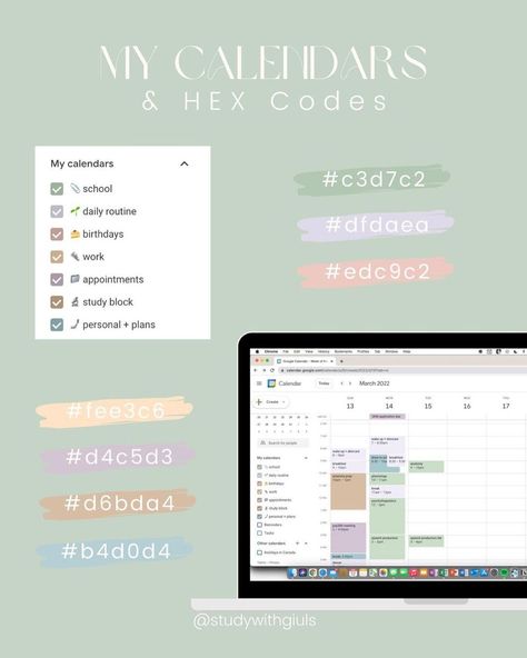 Free Notion Templates School Google Calendar, Google Calendar Aesthetic Hex Codes, Calendar Color Palette, Ical Calendar, Google Calendar Color Palette, Google Calendar Aesthetic, Aesthetic Hex Codes, Organized Things, Google Agenda