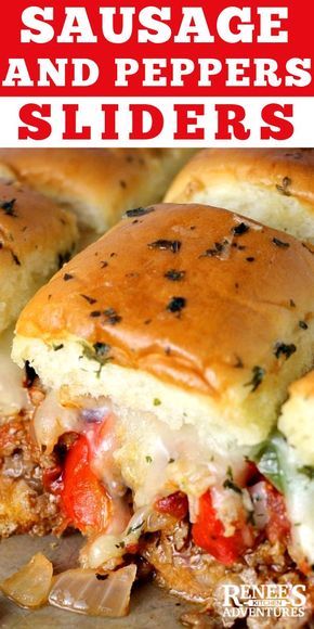 Sausage and Peppers Hawaiian Roll Sliders created by Renee's Kitchen Adventures - easy pull apart slider recipe made with Hawaiian rolls, Italian sausage, peppers, onions, and cheese baked in the oven and served warm. Great game day food, football food, or anytime snack or appetizer. Great for crowds. #GameDayfood #Footballfood #tailgating #sliders #Hawaiianrollsliders Dinner Sliders Recipes, Slider Ideas Hawaiian Rolls, Game Day Dinner Ideas Football Food, Pull Apart Sliders, Sausage Sliders, Italian Sausage Peppers, Sausage Peppers Onions, Football Food Appetizers, Roll Sliders