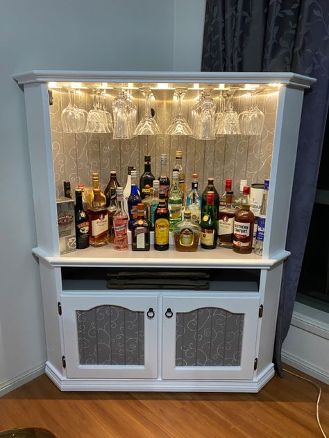 Diy Bar From Tv Cabinet, Tv Cabinet Turned Into Bar, Repurposed Tv Cabinet, Hutch Into Bar Liquor Cabinet, Tv Cabinet Repurpose, Tv Liquor Cabinet Retro, Old Tv Liquor Cabinet, Old Tv Cabinet, Armoire Bar