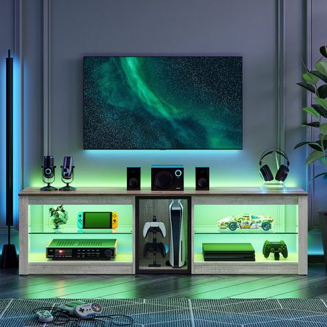 Gaming Entertainment Center, Room Gaming, Gaming Tv, Led Tv Stand, Modern Entertainment Center, Tempered Glass Shelves, Tv Stand Wood, Tv Led, Modern Tv Stand