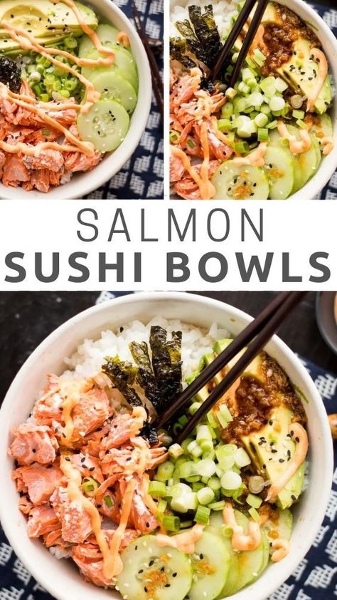 Ginger Soy Dressing, Salmon Sushi Bowl, Soy Dressing, Sushi Bowl Recipe, Sushi Bowls, Salmon Roll, Diy Sushi, Sriracha Mayo, Salmon Bowl