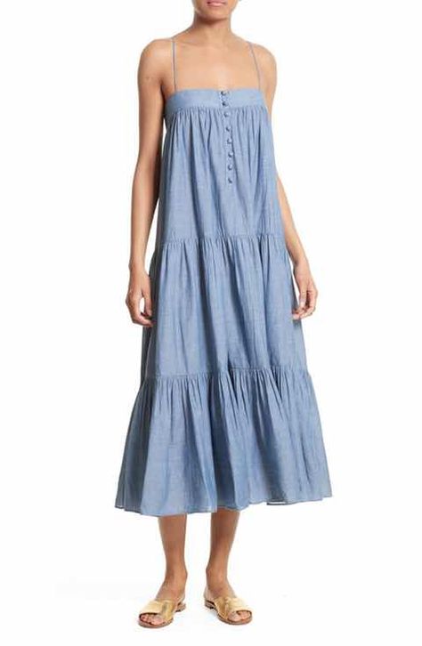 Apiece Apart Tangiers Chambray Dress Chambray Dress Outfit, Moroccan Desert, Girls Sweater Dress, Draped Midi Dresses, Apiece Apart, Stripe Outfits, Tiered Midi Dress, Apron Dress, Chambray Dress