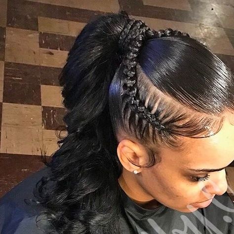 Braids Into Weave Ponytail, Ponytail With Cornrows On The Side, Pointy Tail Hairstyles Black Women, Two Braids With Ponytail, Braids In Front Ponytail In Back, Slick Ponytail With Braid, Ombre Ponytail Black Women, Ponytail With Braids On Side, Sleek Ponytail With Braid