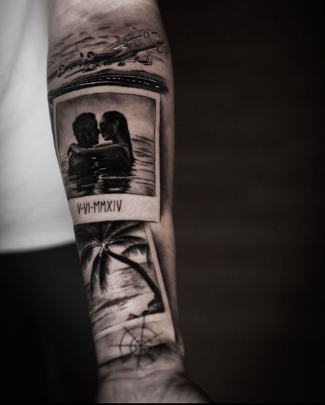 Hard Work Tattoo Men, Photo Tattoo Ideas, Polaroid Picture Tattoo, Polaroid Tattoo Ideas, Family Tattoos Ideas, Polaroid Tattoo, Nautical Tattoo Sleeve, Family Tattoo Ideas, Arm Tattoos Drawing