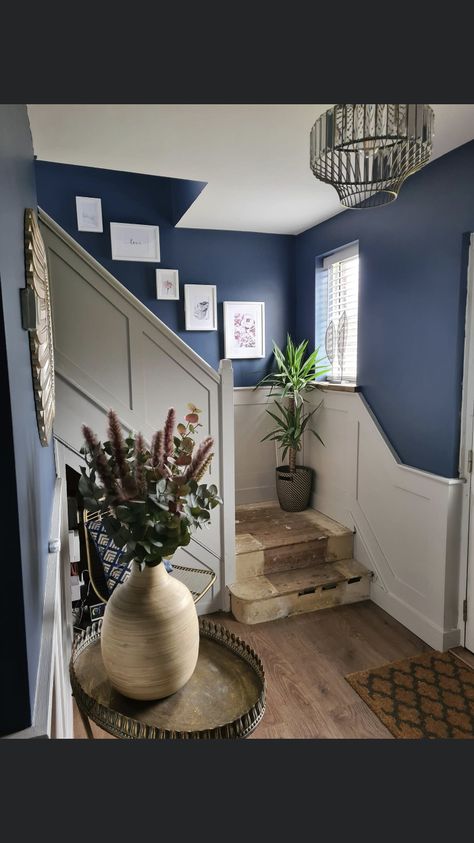 Dark Blue Stairway, Navy Entrance Hall, Navy Blue Staircase, Navy Blue Stairs, Dark Blue Hallway And Stairs, Navy Hallway Ideas, Navy Blue Hallway, Navy Staircase, Blue Hallway Ideas