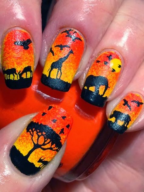 African Safari sunset nails Lion King Nails, Safari Nails, Sunset Nails, Animal Nail Art, Animal Nails, Disney Nails, Elegant Nails, Fabulous Nails, Cute Nail Designs