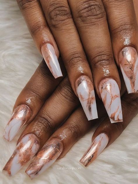 35+ Rose Gold Coffin Nail Designs Coffin Marble Nails, Perfect Nail Color, Gold Coffin Nails, Rose Gold Nail Art, Rose Gold Nail Polish, Acrylic Nail Designs Coffin, Coffin Nail Designs, Gold Acrylic Nails, Gold Nail Polish