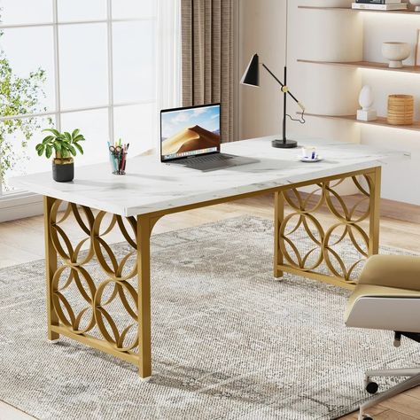 Mercer41 63-Inch Executive Desk, Modern Office Desk with Strong Metal Frame for Home Office | Wayfair Computer Writing, Large Computer Desk, Computer Desks For Home, Desk Modern, Modern Office Desk, Desk Makeover, Living Room Shelves, Business Furniture, Modern Home Office