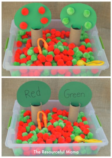 Apple sensory bin great for fine motor and color matching practice. Color Art Projects, Apple Sensory Bin, Apple Sensory, Autumn Highlights, Art Projects For Toddlers, Preschool Apples, Projects For Toddlers, Preschool Apple Theme, September Preschool