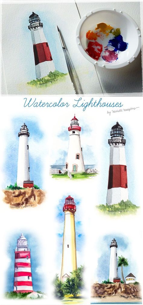 Painted Invitations, Lighthouse Painting, Lighthouse Art, Watercolor Pictures, Art Carte, Sea Art, Unique Wedding Invitations, Painting Lessons, Watercolor Inspiration