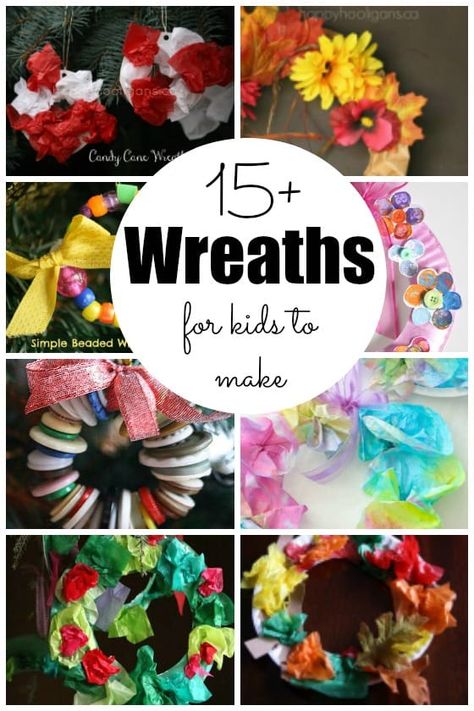 15+ easy wreaths for kids to make using basic materials you already have around your home or classroom. Homemade wreaths are really fun for toddlers and preschoolers to make.  The process is simple enough for even the youngest children to handle, and the results are always beautiful. The nice thing about a wreath craft is you make them to suit any occasion or season.  You can also make a wreath out of just about anything at all, which is another reason why a simple wreath is one of our go-to ... Art Projects For Kids Preschool, Easy Art Projects For Kids, Happy Hooligans, Easy Fall Wreaths, Christmas Art Projects, Easy Wreaths, Beading For Kids, Homeschool Crafts, Art Projects For Kids