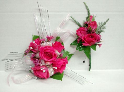 Pink And Silver Corsage, Hot Pink Corsage, White Prom Corsage, Rose Corsage And Boutonniere, Spray Rose Corsage, Silver Corsage, Pink Corsage, Prom Flowers Bouquet, Prom Flowers Corsage