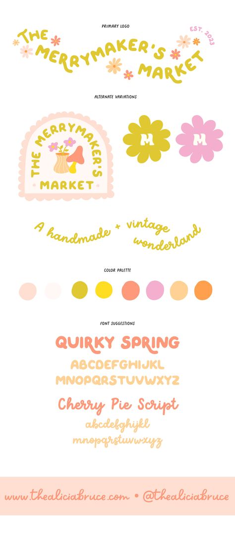 Maker and vintage market brand identity, logo + color palette. Retro inspired, colorful, and whimsical. Illustrated by Alicia Bruce. Vintage Branding Color Palette, Stationary Brand Logo, Coquette Logo Design, Branding Color Pallets, Vintage Store Branding, Cookie Color Palette, Retro Brand Identity, Circle Logos Design, Crochet Branding