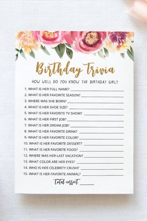 Birthday Trivia editable game Card
Purchase this editable floral theme game and enjoy high quality Trivia card for your event! This is a game template, You can change the questions as you wish! Watercolor flowers design! #birthdaygame #birthday #happybirthday #birthdaycards #birthdayparty #birthday_game #floral Birthday Trivia, Game Template, Birthday Board, Birthday Games, Game Card, Flowers Design, Floral Theme, Free Birthday Invitations, Activity Games