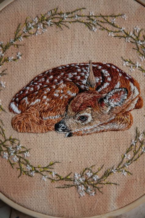 by Catherine Koloman #fawn #babydeer #deerembroidery #animalembroidery #deerlove #fawnlove #hoopembroidery #wallhangings #etsyshop #etsyseller #needlepainting #cozydecor #simplejoys #cozyliving #embroideryart #embroiderylove #interiordecor #cozyhome #cozycore #cuteanimals #cozycottagestyle #woodlandcreatures #woodland #homedecor #homedecoration #springvibe #springaesthetic #springart #springdecor #homedecoration Fawn Embroidery, Hoop Art Wall Decor, Embroidered Overalls, Deer Embroidery, Hoop Art Wall, Crazy Quilts Patterns, Deer Gifts, Embroidery Hoop Wall Art, Embroidery Diy