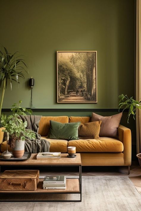 Dark Green Sofa Living Room Ideas Modern, Gold Velvet Couch Living Room Ideas, Terra Cotta Color Palette Living Room, Green Couch With Accent Chair, All Green Living Room, Army Green Living Room, White And Dark Wood Living Room, Green Terracotta Living Room, Plants In Living Room Ideas