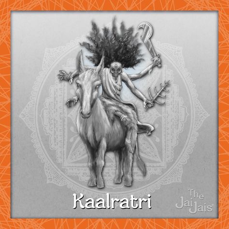 DAY 7 Goddess: Kaalratri. Colour: White Meaning of Name: Kaal means time and Ratri is night or darkness. Governing Planet: Saturn. Symbolism: Kaalratri Maa is the most scariest and ferocious form of goddess Durga with untied bountiful hair. Her complexion is dark blue/black and she rides on a donkey. She is depicted with four hands. She carries a sword lightning bolt and deadly iron hook. The other two hands are held in the form of giving and protecting. Mantra: Oṃ Devī Kālarātryai Namaḥ. Other Saturn Symbolism, White Meaning, Devi Shakti, Planet Saturn, Goddess Durga, A Donkey, Iron Hook, Life Form, Durga Goddess