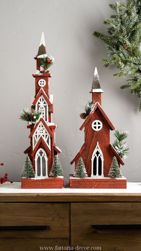 christmas decor red wooden churches Wooden Church, Christmas Diy Wood, Bird Houses Ideas Diy, Christmas Furniture, Christmas Decorations Cheap, Stylish Office, Christmas Wood Crafts, Christmas Villages, Miniature Christmas